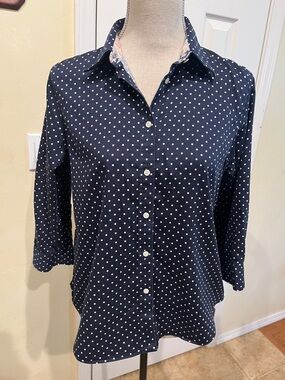 Chaps Navy and White Polka Dot Button-Down Shirt